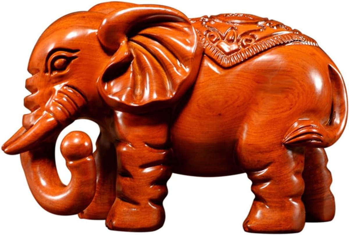 Handgesneden Houten Olifant Beeldje in Rood Sequoia Hout - 10 cm