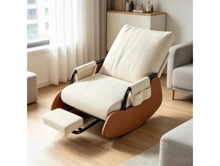 Ergonomischer Ruhesessel - mit Stabiler Schaukelbasis Moderner Ruhesessel mit solider Schaukelbasis und praktischem Seitenfach für Zeitschriften.