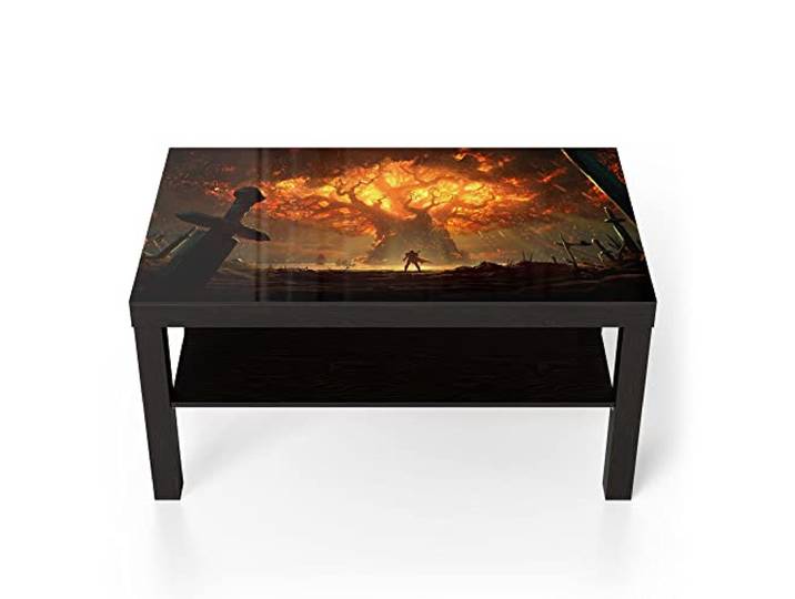 DEQORI Glastisch schwarz groß 90x50 cm Motiv Brennender Weltenbaum WoW ausgefallener Beistelltisch aus Glas Hochglanz Couchtisch fürs Wohnzimmer moderner Couch Tisch mit Design