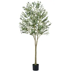 COSTWAY Künstlicher Olivenbaum 180cm, Zimmerkunstpflanze mit Zementtopf, naturgetreuen Blättern und 64 Früchten, grüne Deko für Garten & Büro