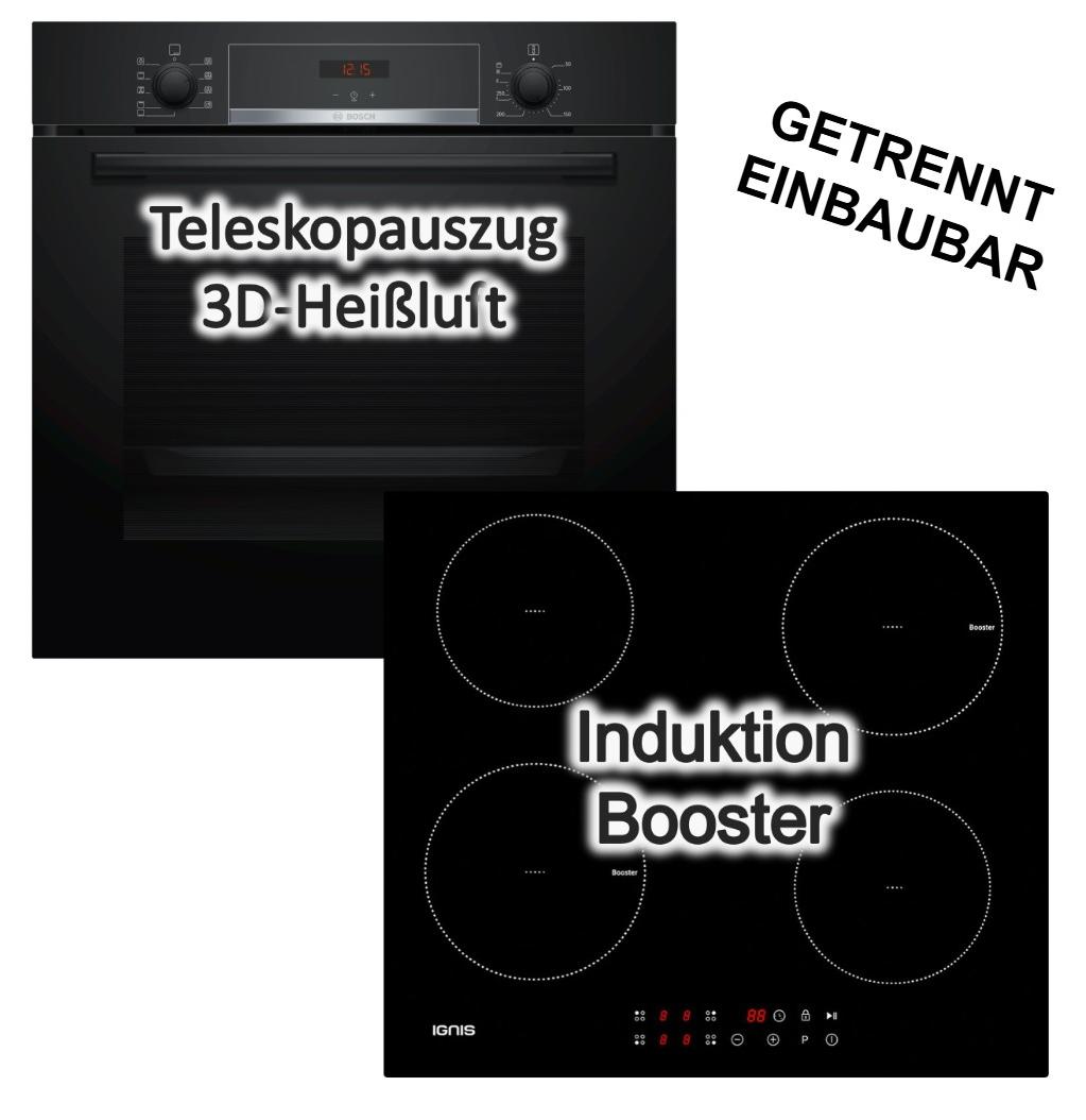 Herdset Bosch Einbaubackofen Hydrolyse Pizzafunktion Teleskopauszug + Bauknecht Induktionskochfeld Booster