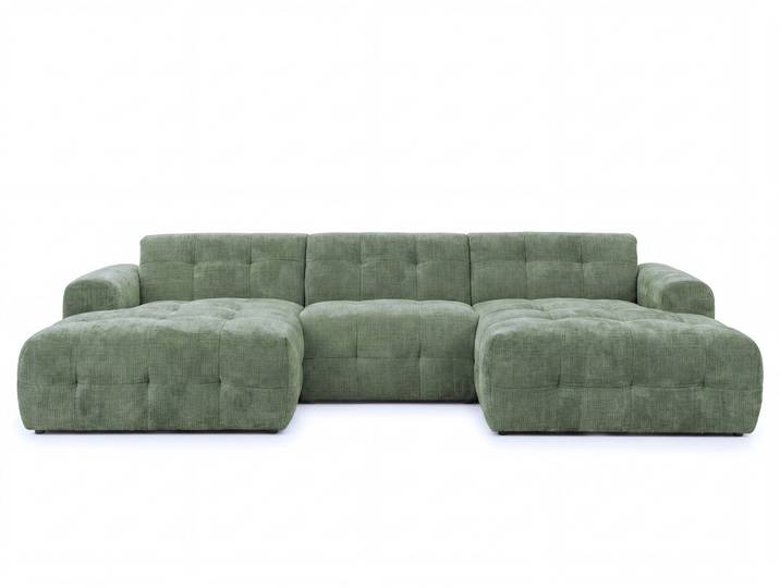 Wohnlandschaft U-Form 6-Sitzer, raffinierte Steppungen, Chenille-Bezug in Grün / 21049