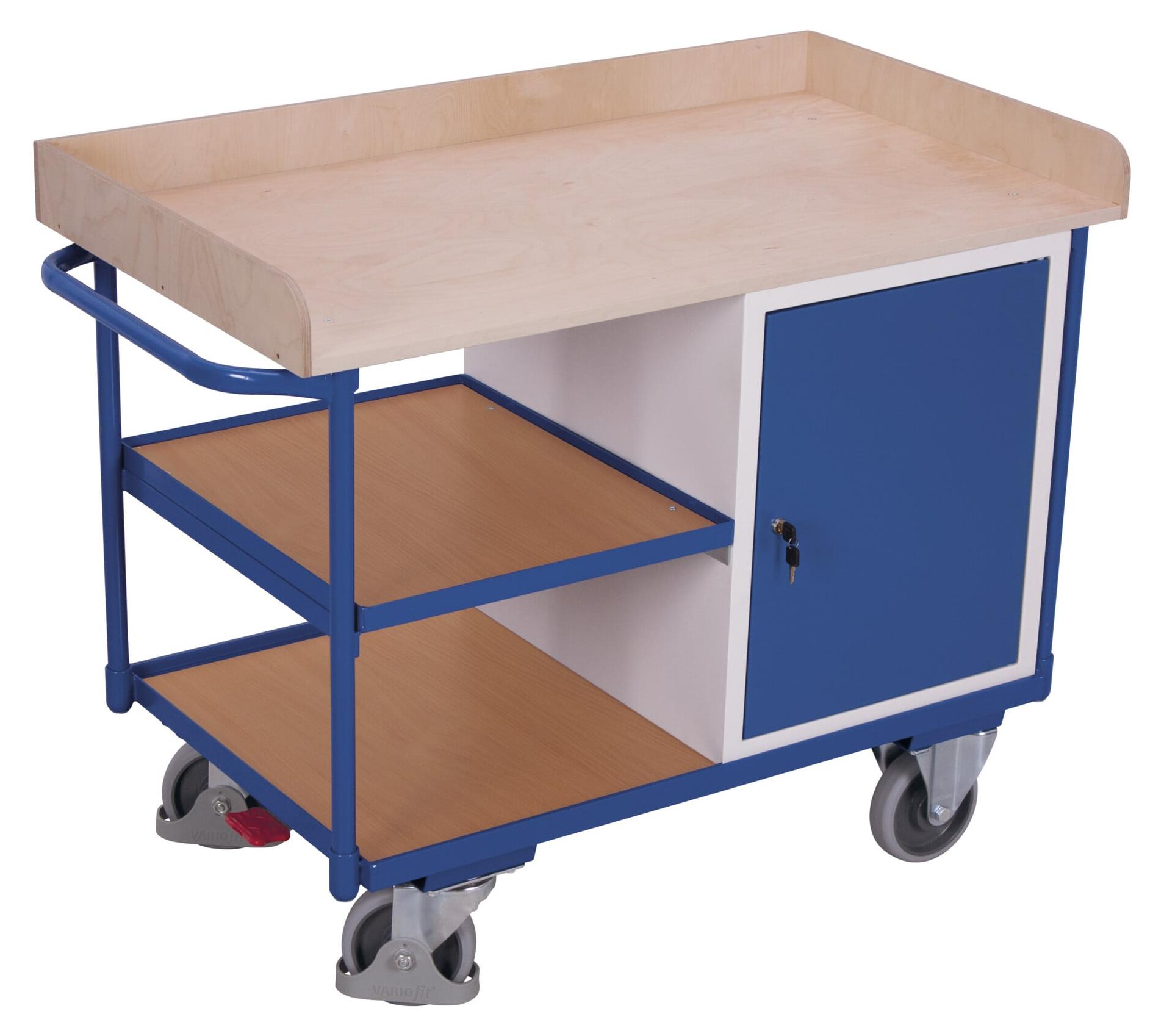 VARIOfit Werkstattwagen mit Schiebegriff, Schrank und 3 Ladeflächen bis 1125x630mm RAL 5010 Enzianblau