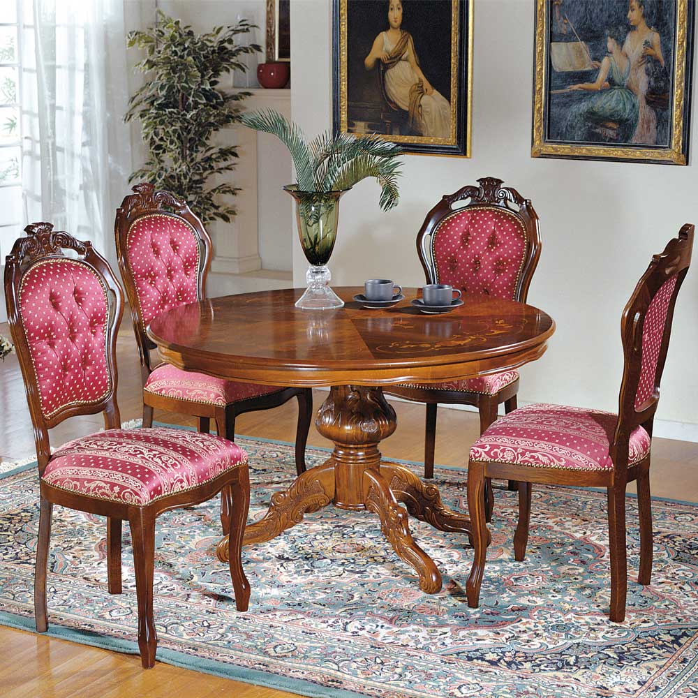 Pharao24.de Runder Tisch und 4 Stühle im Barock Design Rot und Nussbaum (fünfteilig)