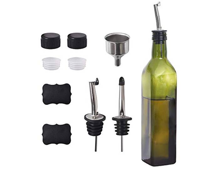 Newk Olijfoliefles, 500 ml, glas, olie, azijn, rauw met schenktuit + trechter, olie, karaf, voor keuken, groen
