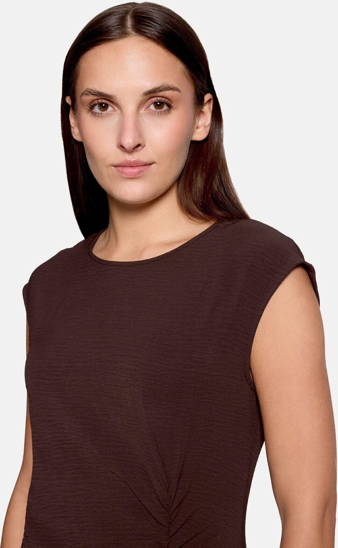 Midikleid CARTOON "Damen mit Raffung", Damen, Gr. 34, Normalgrößen, braun (dunkelbraun), Obermaterial: 100% Polyester, ausgestellt lang, Rundhals, Kleider Midikleid