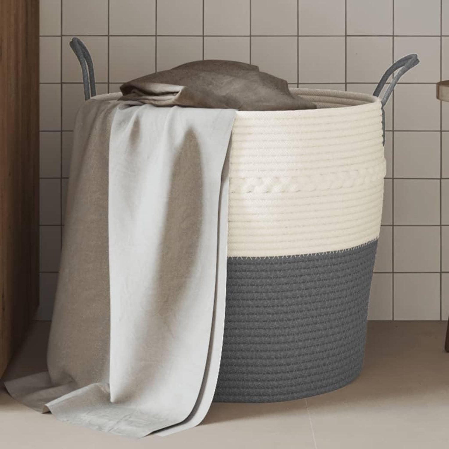 Multifunctionele opbergmand met handvatten en open weefsel, grijs en wit, textiel