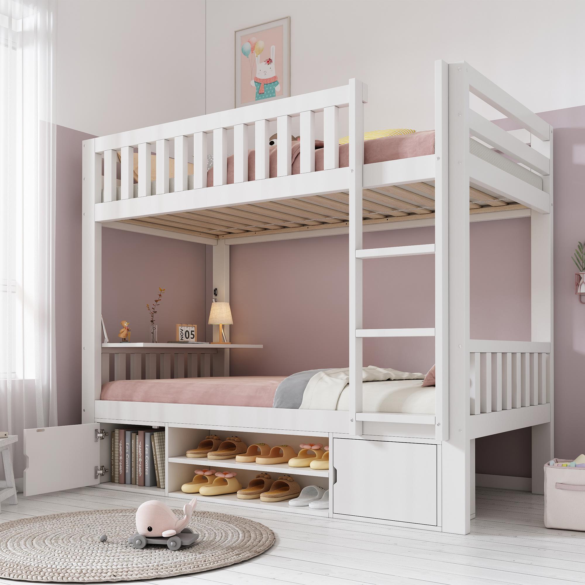 okwish Kinderbett 90x200 Doppelbett mit Stauraum,Bettgestell,Etagenbett mit klappbarer Tischplatte und integriertem Schuhregal,Weiß(ohne Matratze)