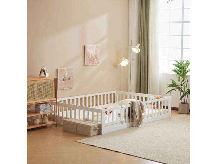 LALAHO - Lit enfant Lit à barrières Lit simple sommier à lattes en pin sans matelas - Blanc - 200x90cm STRUCTURE DE LIT