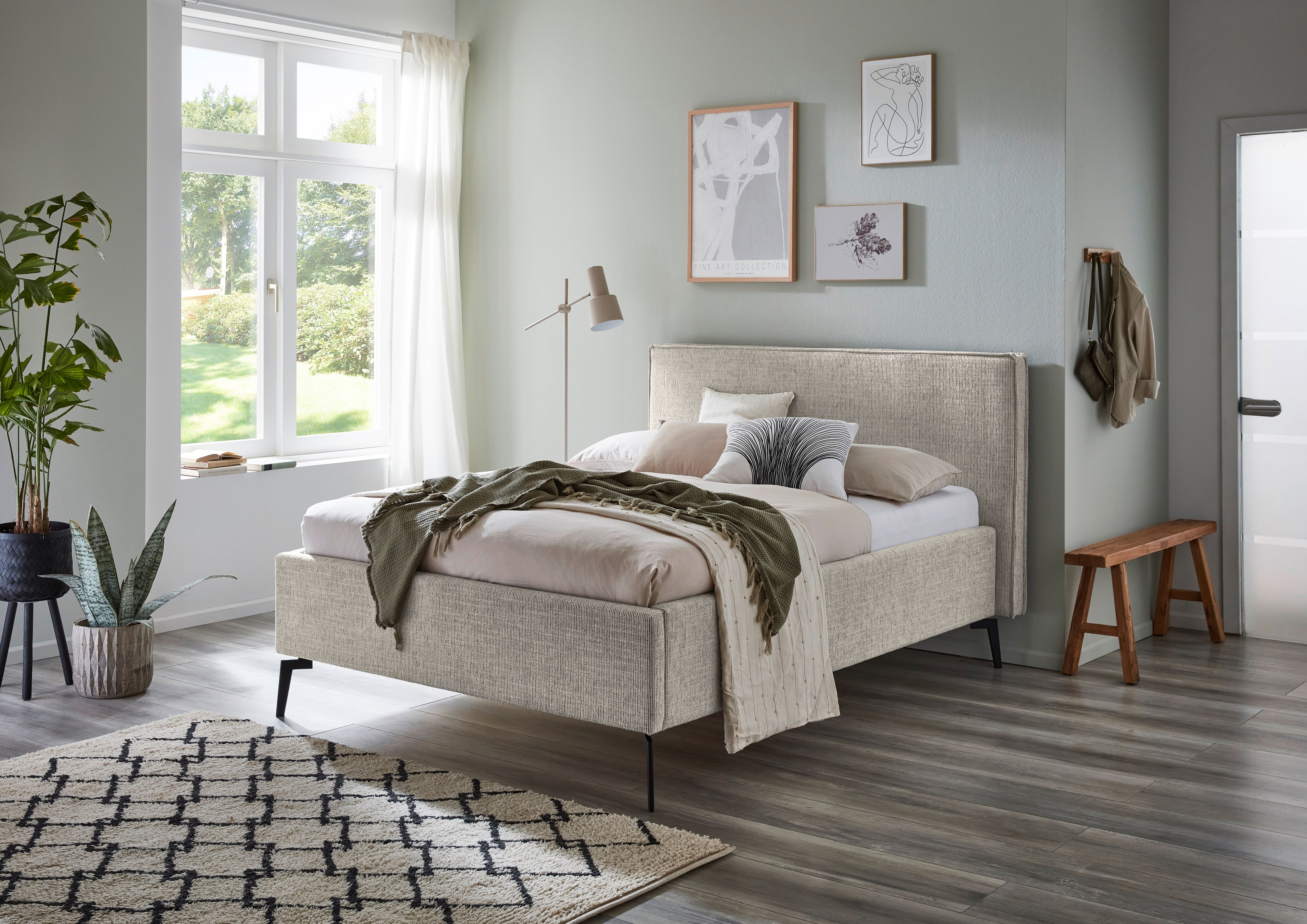 Polsterbett MEISE.MÖBEL "Riva II", beige (greige, greige), B:165cm L:216cm, Betten, Polsterbett, mit schwarzen Metallfüssen, wahlweise mit Bettkasten greige, greige Liegefläche Länge B: 200cm x 140cm, Strukturstoff inkl. Bettkasten & Federholz-Lattenrahme