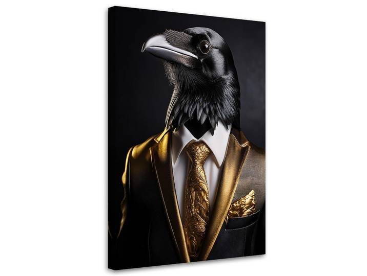Feeby Wandbild schwarzer rabenvogel im anzug, Goldfarben, Tiere, Rechteckig, 70x100 cm, Bilder & Rahmen, Bilder, Leinwandbilder