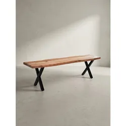 Esszimmerbank Massivholz Metall Baumkante X-Beine, Akazie 120x40x46 cm