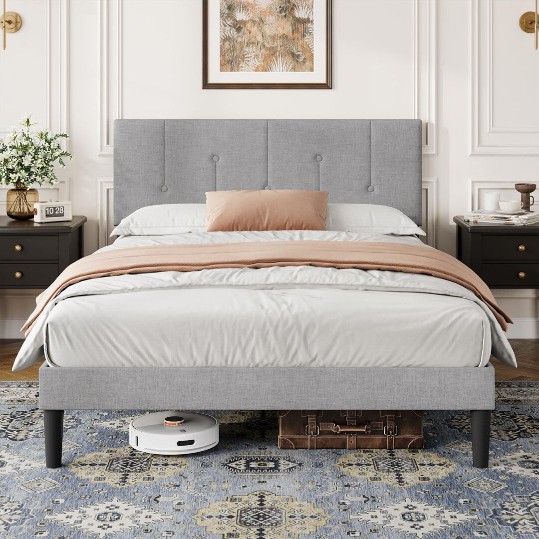 Lark Manor Bed Frame with Adjustable Linen Headboard, Solid Wooden Slats & Upholstered Platform, Easy Assembly Light Grey Single (3')