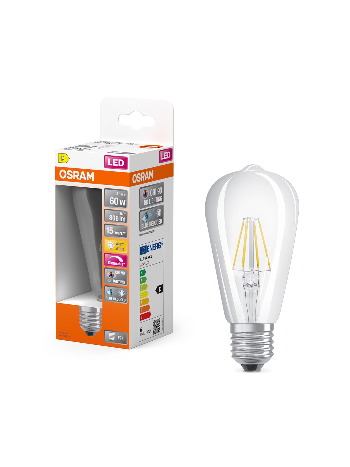 Osram LED-Lampe LED Comfort edison filament 806lm 5.8W/927 (60W) E27 dimmable E27