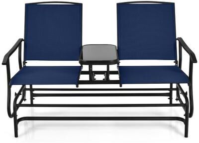Costway 2-Person Double Rocking Loveseat with Mesh Fabric and Center Tempered Glass Table-Navy