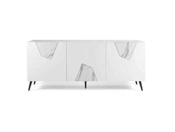 Buffet 3 portes inserts en verre effet marbre L180 5 pieds ADEL blanche