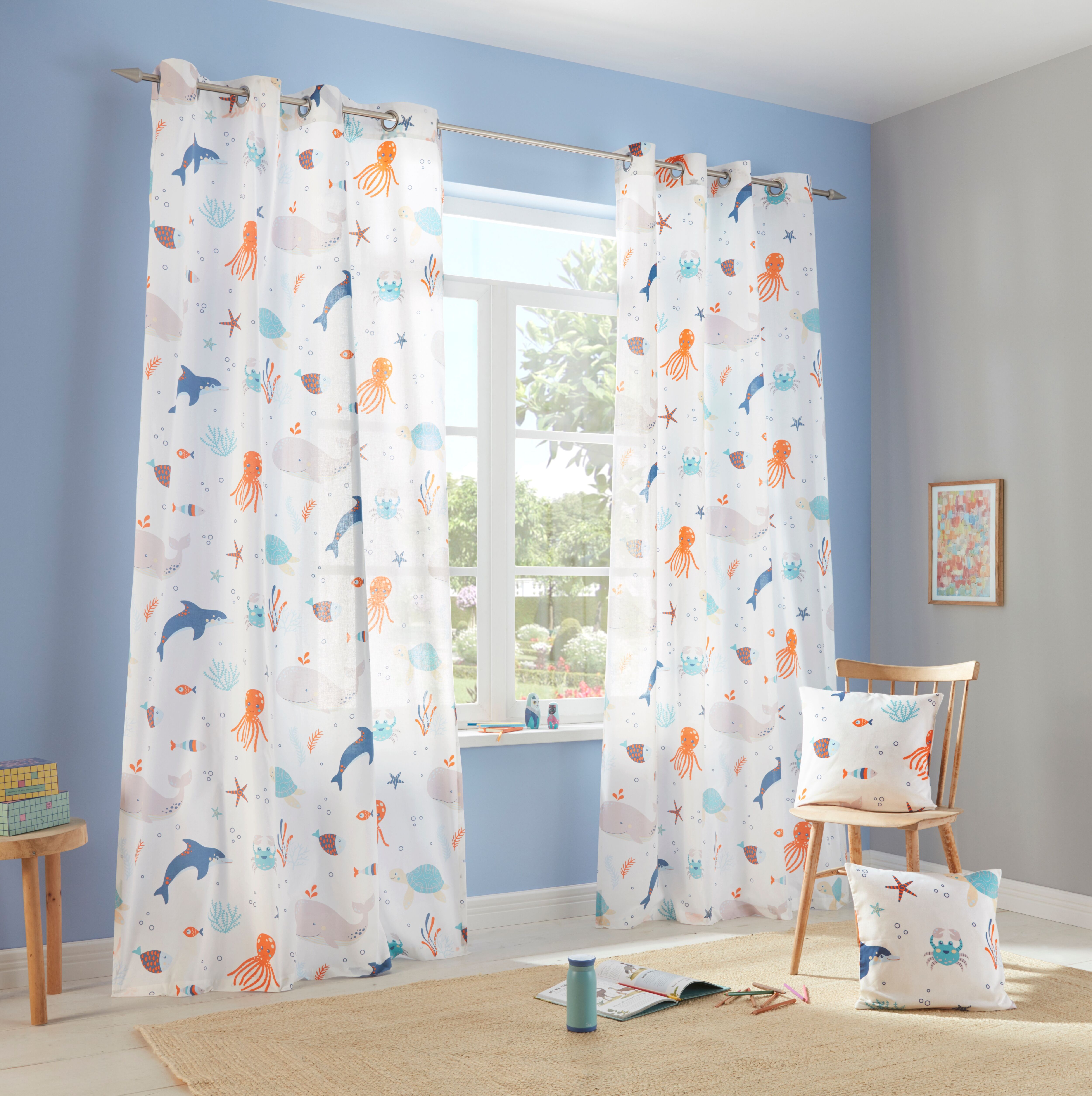 Gardine GOODPRODUCT "OCEAN, 1 Stück, Ösen, halbtransparent, Meerestiere bedruckt" Gr. 3, weiss (weiß), B:135cm H:225cm, Baumwolle, Polyester, Gardinen, Gardine, Kindergardine einseitig mit Meerestieren bedruckt, Tiere weiß 225cm, Ösen, 135cm