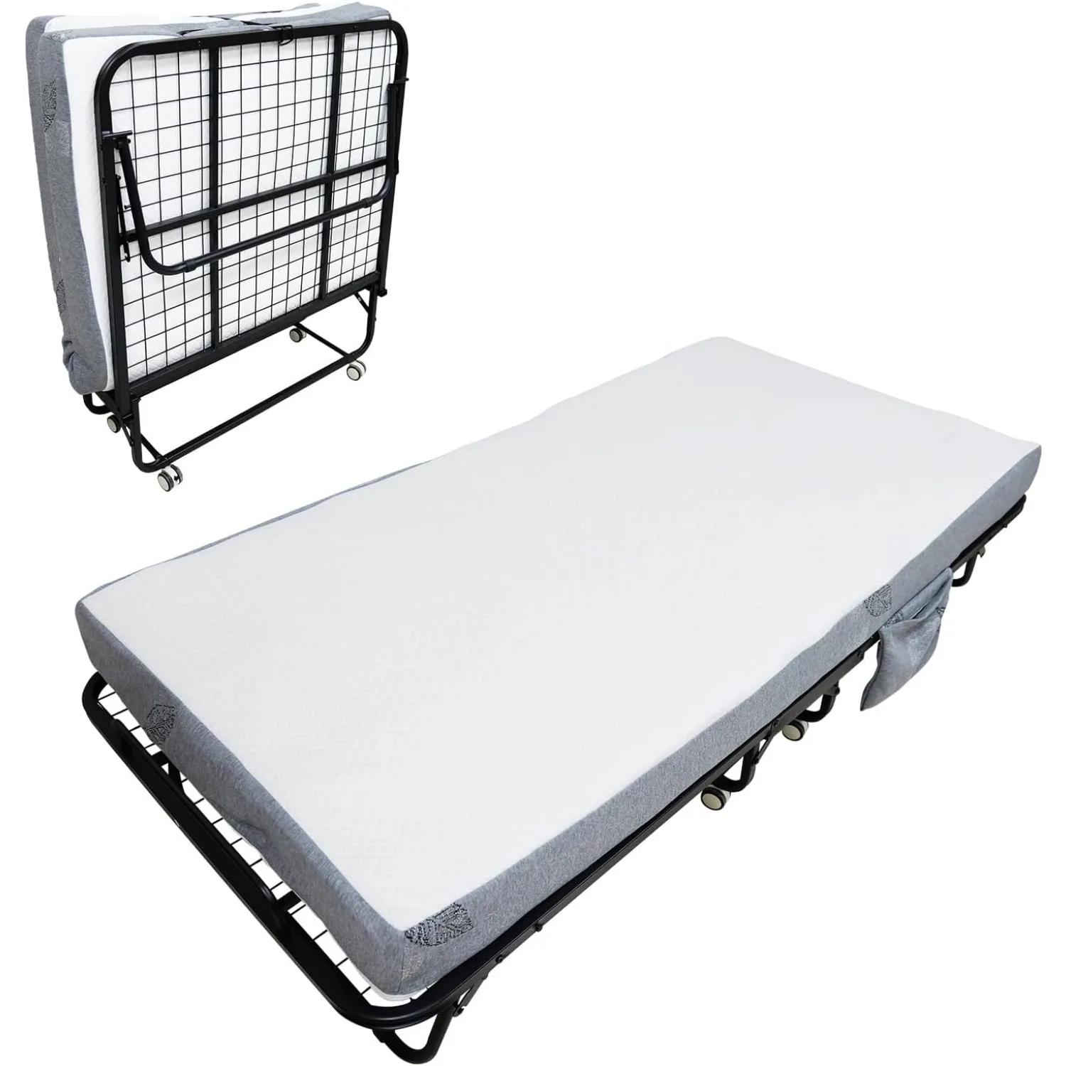 Klappbett mit Matratze - Gästebett für Erwachsene - 10 cm Memoryschaum-Matratze - Metallrahmen - Klappbares Rollbett - 190 x 114 cm