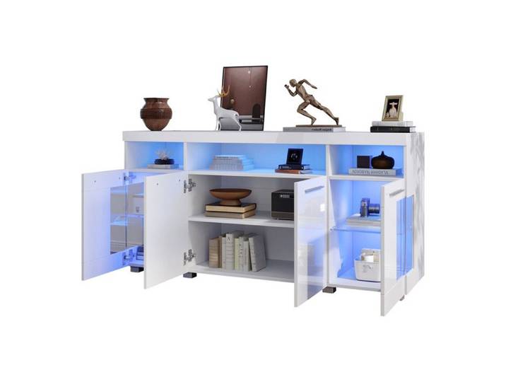 Buffet Moderne Brillant avec Lumière LED Armoire de Buffet en Verre Trempé à 3 Compartiments Pour Salle à