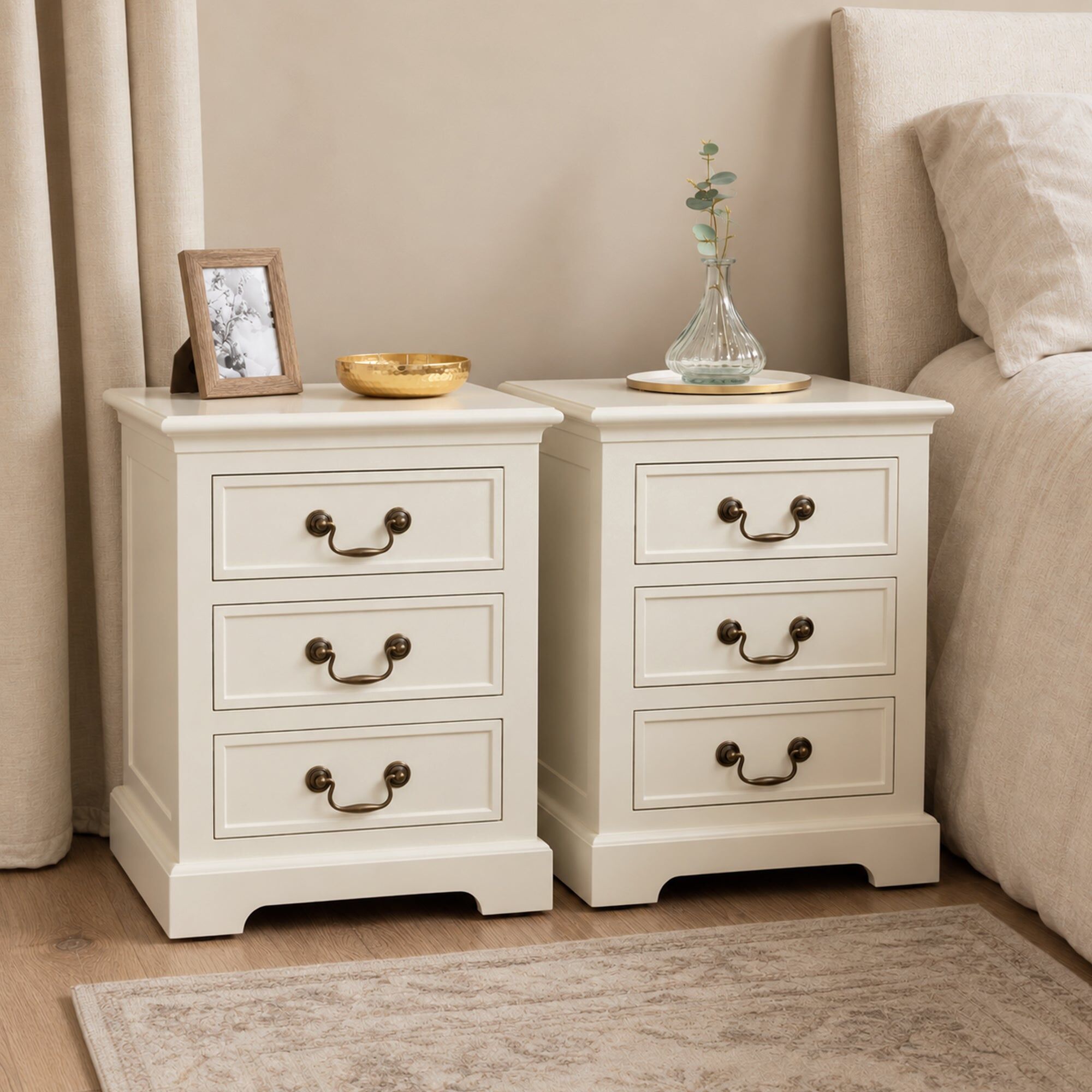 Pair of Ivory 3 Drawer Bedside Tables - Charlotte Ivory Range Wood, Metal