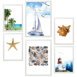 POSTER Set Mit 6 Dekoratives, Blatt Mit Marineblauer A3 & A4 Weißer Rahmen