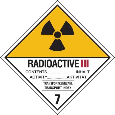 Gefahrzettel, Gefahrgutklasse 7C - Radioaktive Stoffe Kategorie III - GELB - 100x100 mm Folie selbstklebend