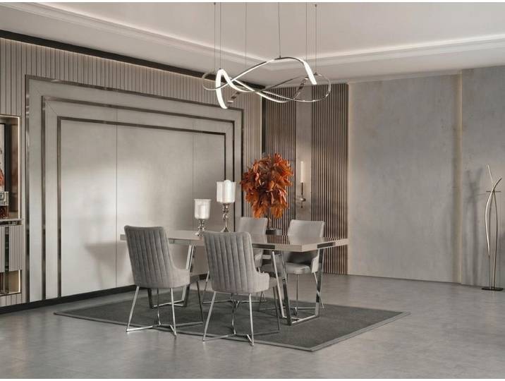 Xlmoebel Esszimmer-Set Esstisch 4 Stühle Beige Grau Modern Holz Metall Esszimmer, (5-St., 1x Tisch, 4x Stühle)