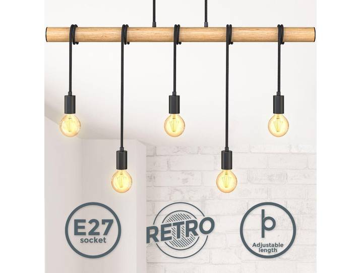 Pendelleuchte - E27 Fassung, retro, 5-flammig, Holzbalken, schwarz-holz