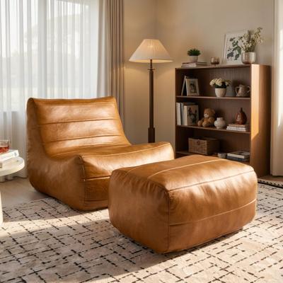HOOOWOOO Mid-century Leather Lounge Chair Accent Bean Bag Chair with Ottoman