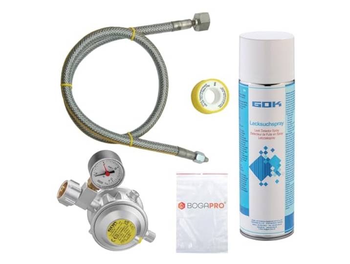 BOGAPRO GOK Herd Anschluss Set Pro, mit Kontrollmanometer, Absperreinrichtung, 200 cm Gasschlauch und Teflonband, 30 mBar Betriebsdruck, inkl. Lecksuchspray und Polybeutel