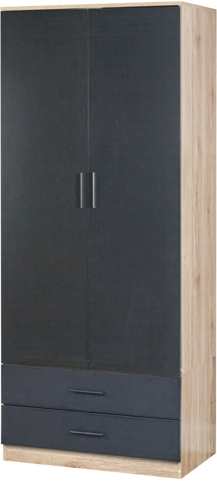 Ebern Designs Gianpietro 2 Door Wardrobe Oak Carcass/Black Drawer 180cm H X 75cm W X 46cm D