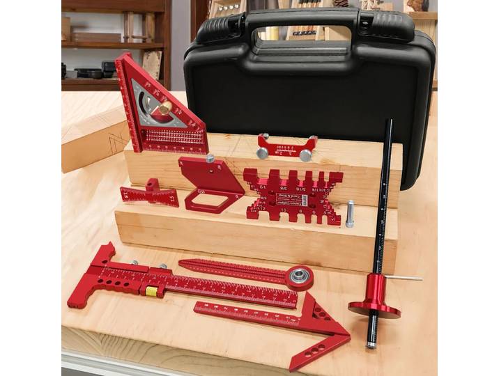 Kit carré pour le travail du bois, avec boîte, règle de traçage en aluminium, détecteur central, boussole de dessin circulaire, Guide d'histoire, jauge de hauteur, 10 pièces