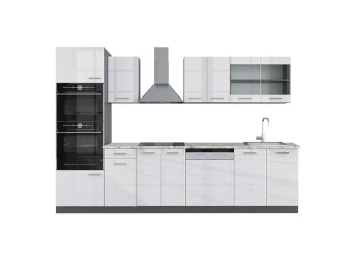 Vicco Küchenzeile R-Line, Weiß Hochglanz, 300 cm 8 Module · Höhenverstellbare Füße · Arbeitsplatte Marmor · Robuste Fronten · Mit Backofen-/Mikrowellenschrank