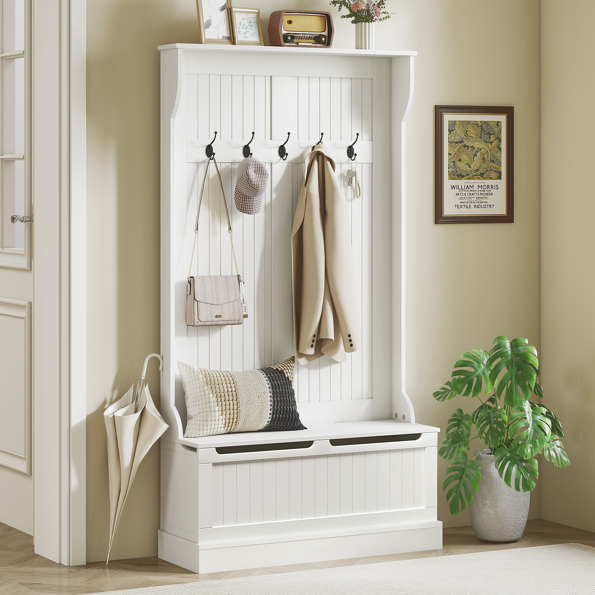 Homcom Appendiabiti da Terra 179.7cm con Panca Porta Scarpe, 5 Ganci, Dispositivo Antiribaltamento, per Ingresso, Crema   Aosom Italy