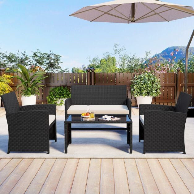 House of Hampton 4 Piece Patio Rattan Conversation Set Wicker Loveseat Armchairs Beige 4