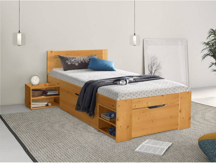 Massivholzbett GOODPRODUCT HANNES  mit Schubladen und Regalen, Nachtschrank ausziehbar, stabil , braun (honig), B:96cm L:205cm, Betten, Massivholzbett, FSC-zertifiziertes Kiefernholz, ideal für kleine Räume