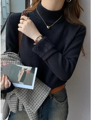 Modern Home Fixes Winter Women's Turtleneck Sweater, Thickened Inner Wear, Velvet Lining Thermal Knitting Bottoming Shirt black