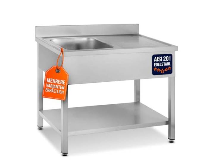 GastroHero Spültisch, Becken links, 100x70 cm, Edelstahl SPT-BASIC10X7L Abtropffläche rechts, mit Grundboden, 100 mm Aufkantung, 1 Becken, nach Hygiene- und Sicherheitsrichtlinien produziert