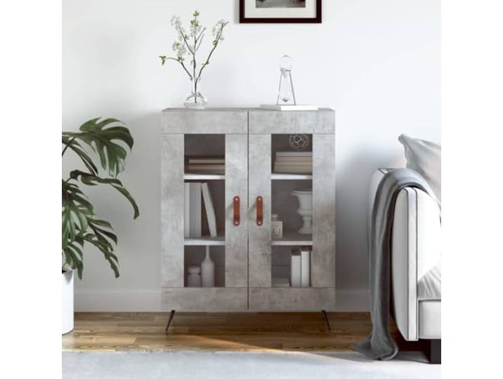 HEFZGDB Klassisches Sideboard Betongrau mit Glasfront zur Aufbewahrung und Präsentation aus Holzwerkstoff mit Metallfüßen und viel Stauraum im Glasdesign