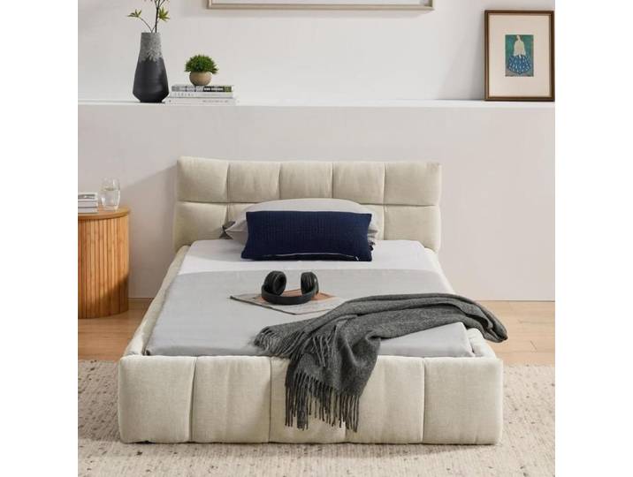 Lit enfant - KOMHTOM - 90x200 - Chenille & cadre bois d'eucalyptus et fer - Matelassé carré - Sommier tapissier