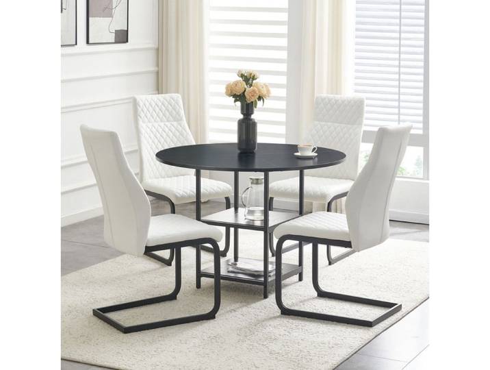 MEUBLIV Ensemble table et chaises de salle à manger 4 places table ronde 107 cm double rangement noir et blanc