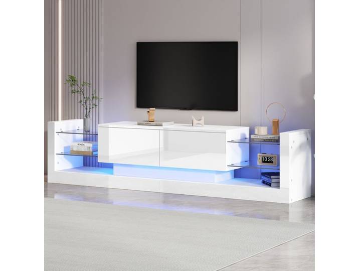 Meuble TV - Design Moderne - Éclairage LED - 181 cm - Blanc Brillant - Tiroirs Pliants