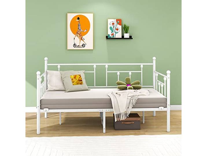 VERFARM Tagesbett Bettgestell 90x200 cm Bett, Einzelbett Schlafsofa mit Lattenrost für Gästezimmer Jugendbett, Metallbett Tagesbett Bettrahmen für Schlafzimmer Wohnzimmer, Weiß