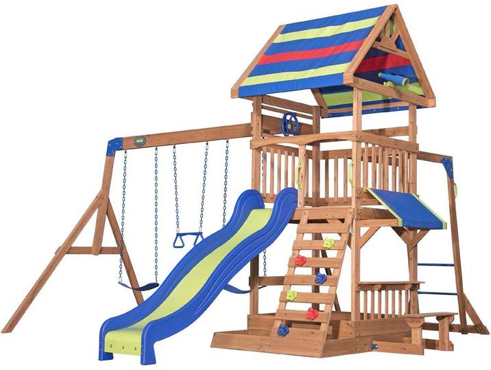 Backyard Discovery Spielturm Holz Northbrook Spielplatz für Kinder mit Rutsche, Sandkasten, Schaukel und Picknicktisch Schaukelset für den Garten