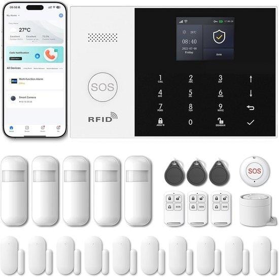Draadloos Huisalarm met 10 Deur- en Raamsensoren, GSM WIFI Inbraakalarm met Sirene, Compatibel met Alexa en Google Assistant