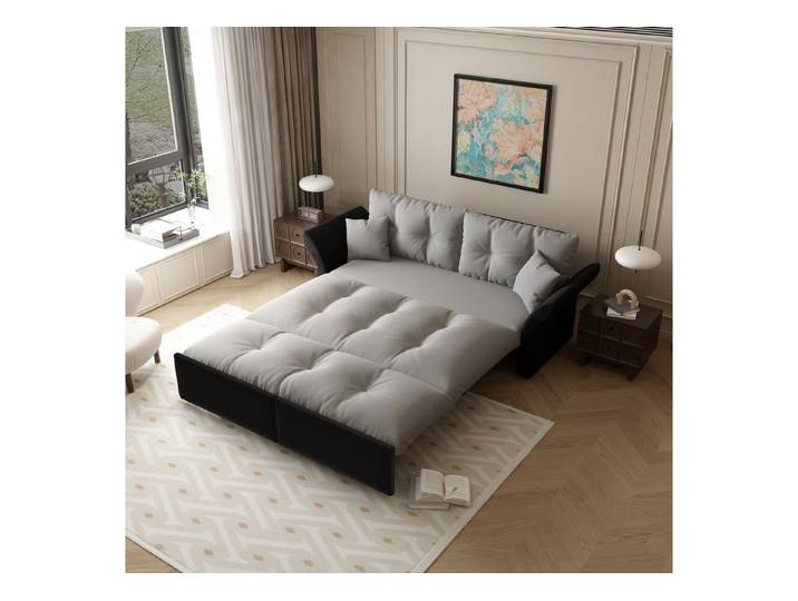 HAUSS SPOLE Schlafsofa 3-in-1 Queen-Size Loungesofa,Ausziehsofa Kissen & Tufting,Hellgrau, Multifunktionelles Velourssofa-Bett mit stabilisierende Beine
