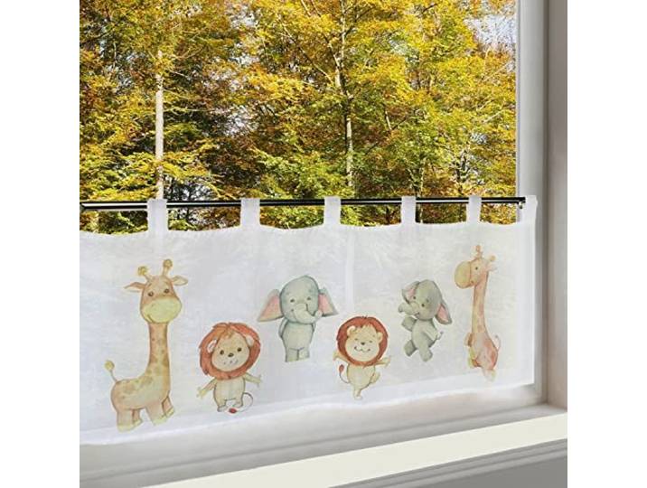 Delindo Lifestyle Scheibengardine afrikanische Tiere, Gardine für Jungen und Mädchen, 45x120 cm, Moderne tranparente Bistrogardine für das Kinderzimmer