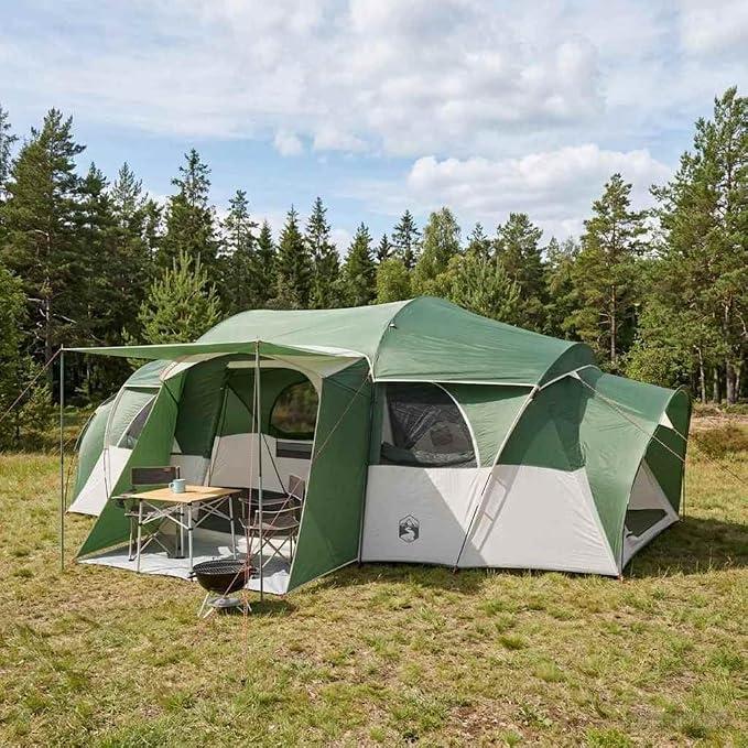 Familienzelt mit Regenschutz wasserdicht Grün 10 Personen aus Polyester mit Fiberglasgestänge 580x307x208 cm, leicht und Winddicht für Camping, Outdoor, Trekking und Festival