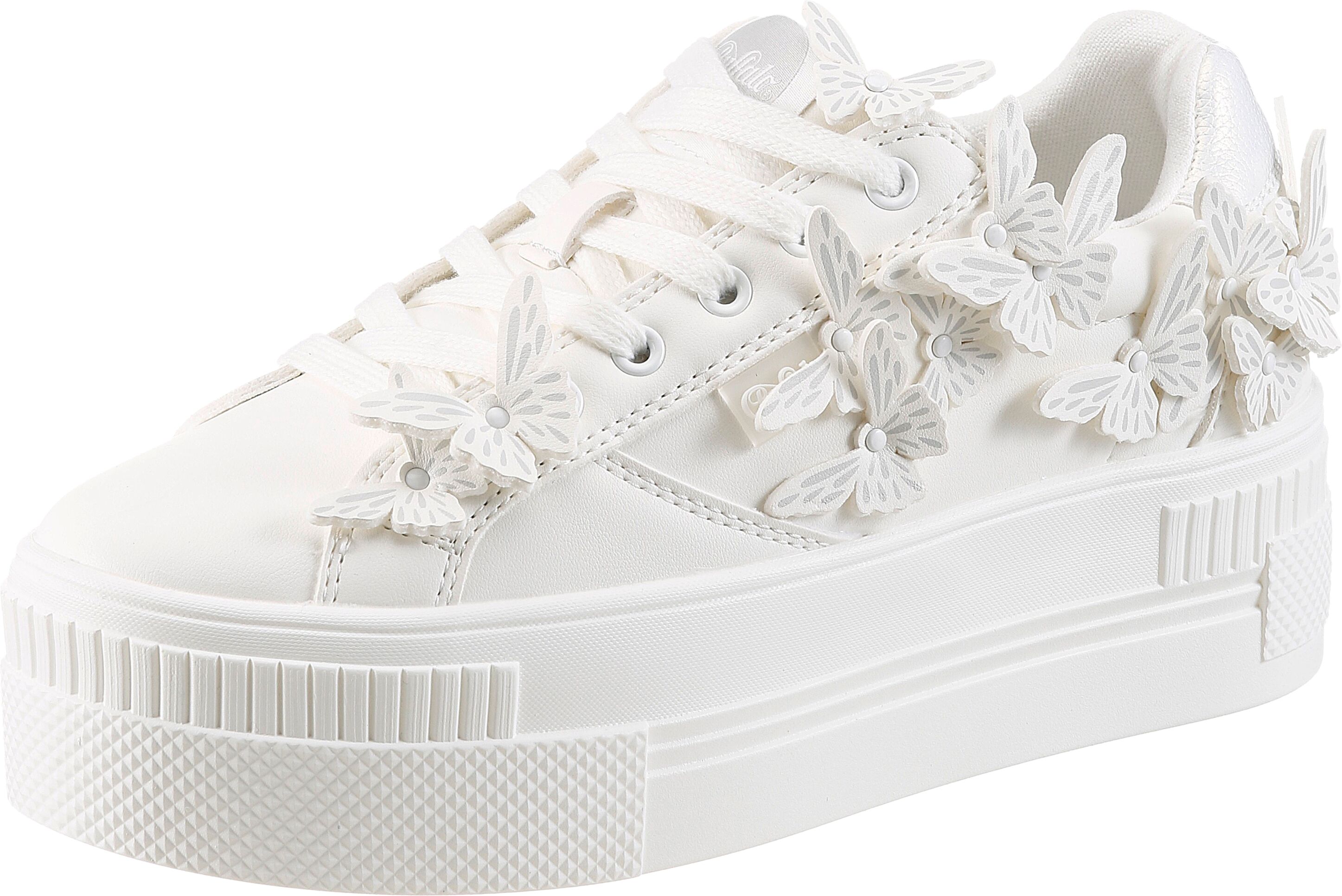 Plateausneaker BUFFALO, Damen, Gr. 40, Textil, weiß (weiß, creme), Lederimitat, Glitzer, bestickt, Schuhe Plateausneaker, Freizeitschuh, Halbschuh, Schnürschuh mit Schmetterlings-Verzierung