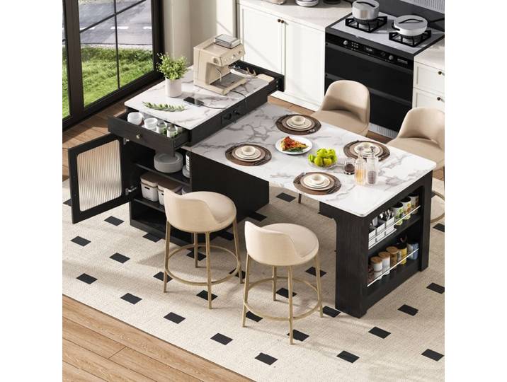 Luscriate - Îlot de cuisine extensible avec table amovible et prise design mobile sur roulettes pour cuisine - noir